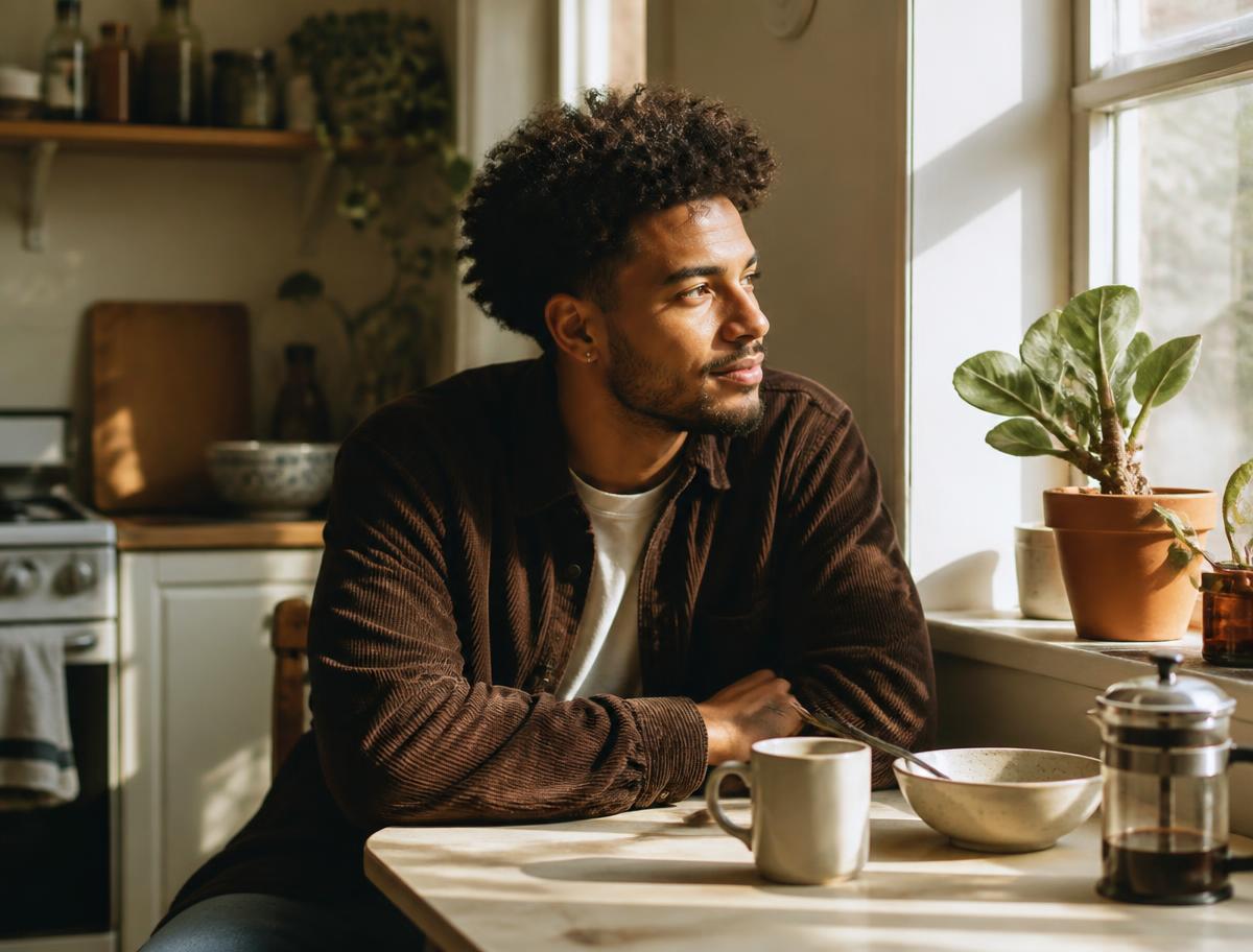 Homem sentado à mesa da cozinha em um momento tranquilo do cotidiano